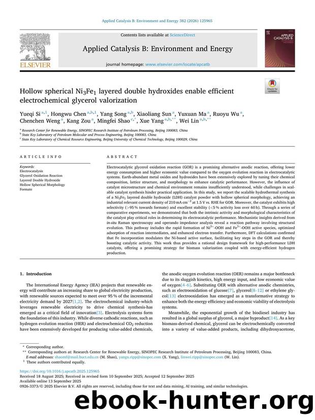 Hollow spherical Ni3Fe1 layered double hydroxides enable efficient electrochemical glycerol valorization by unknow