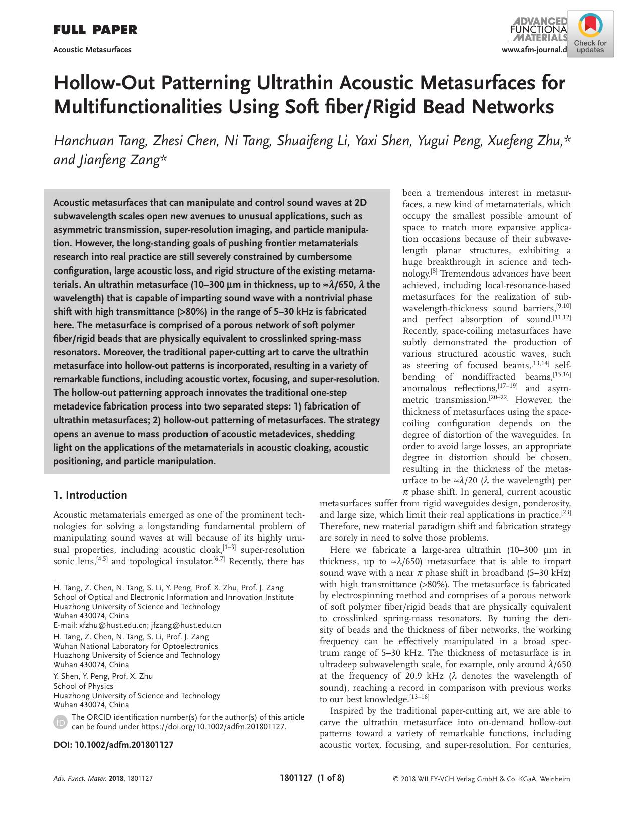 HollowâOut Patterning Ultrathin Acoustic Metasurfaces for Multifunctionalities Using Soft fiberRigid Bead Networks by Unknown