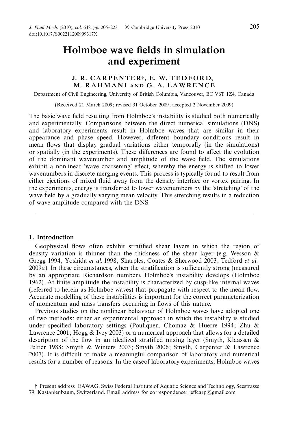 Holmboe wave fields in simulation and experiment by J. R. CARPENTER E. W. TEDFORD M. RAHMANI G. A. LAWRENCE