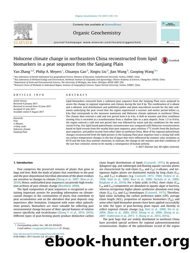 Holocene climate change in northeastern China reconstructed from lipid biomarkers in a peat sequence from the Sanjiang Plain by Yan Zhang & Philip A. Meyers & Chuanyu Gao & Xingtu Liu & Jian Wang & Guoping Wang