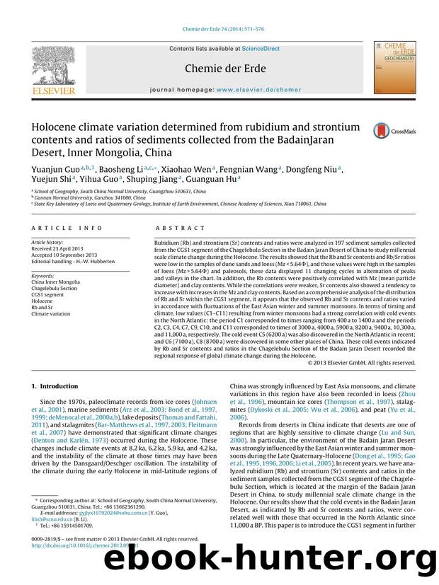 Holocene climate variation determined from rubidium and strontium contents and ratios of sediments collected from the BadainJaran Desert, Inner Mongolia, China by unknow