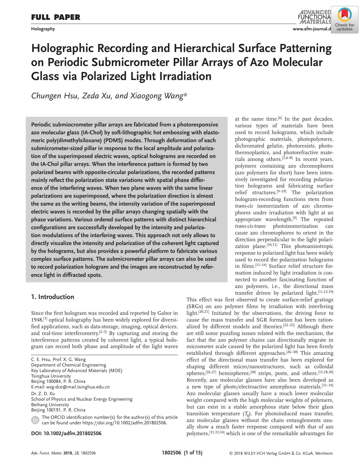 Holographic Recording and Hierarchical Surface Patterning on Periodic Submicrometer Pillar Arrays of Azo Molecular Glass via Polarized Light Irradiation by Unknown