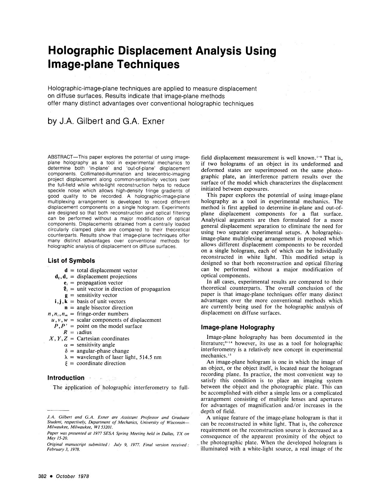 Holographic displacement analysis using image-plane techniques by Unknown