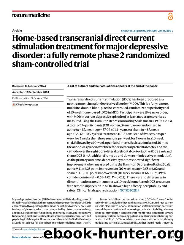 Home-based transcranial direct current stimulation treatment for major depressive disorder: a fully remote phase 2 randomized sham-controlled trial by unknow