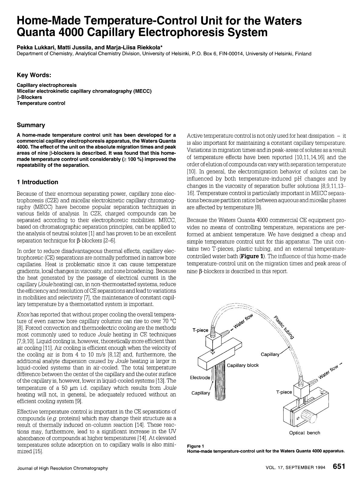 Home-made temperature-control unit for the Waters Quanta 4000 capillary electrophoresis system by Unknown