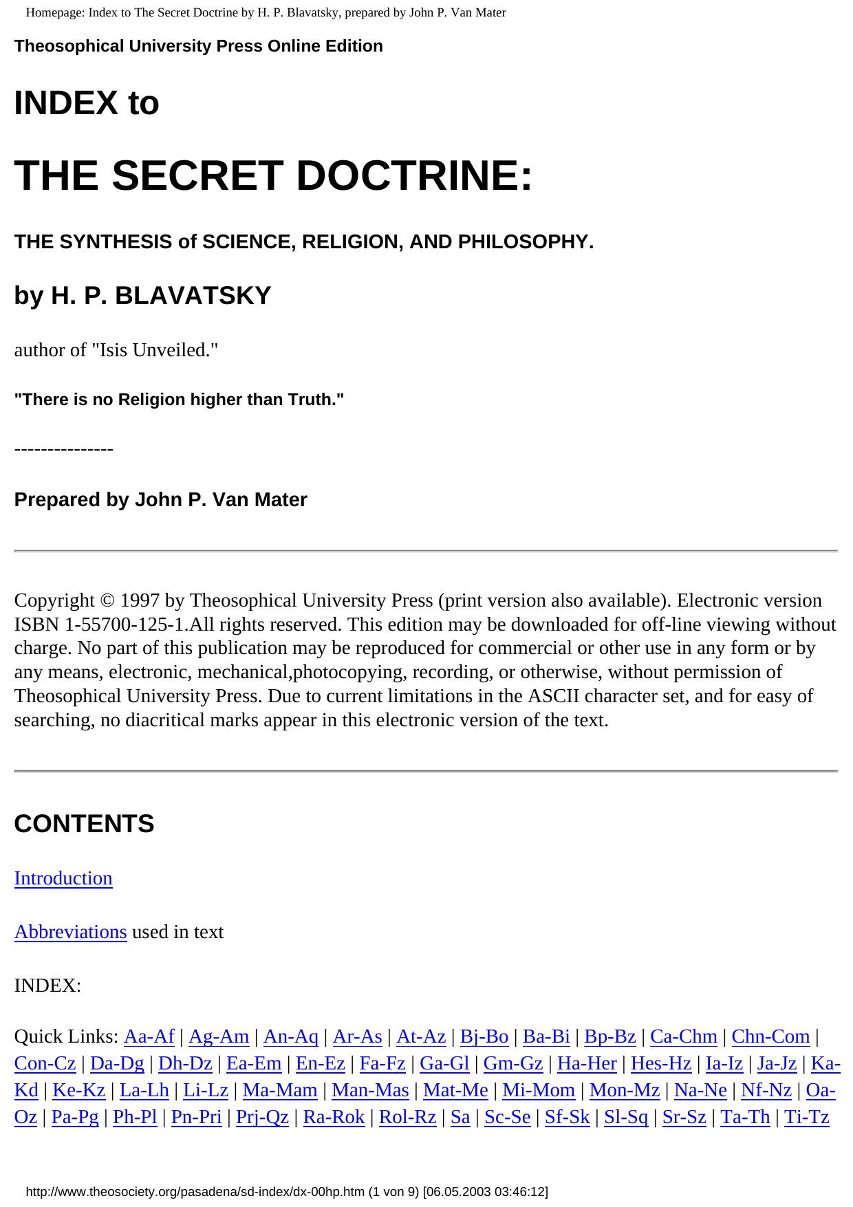 Homepage: Index to The Secret Doctrine by H. P. Blavatsky, prepared by John P. Van Mater by Unknown