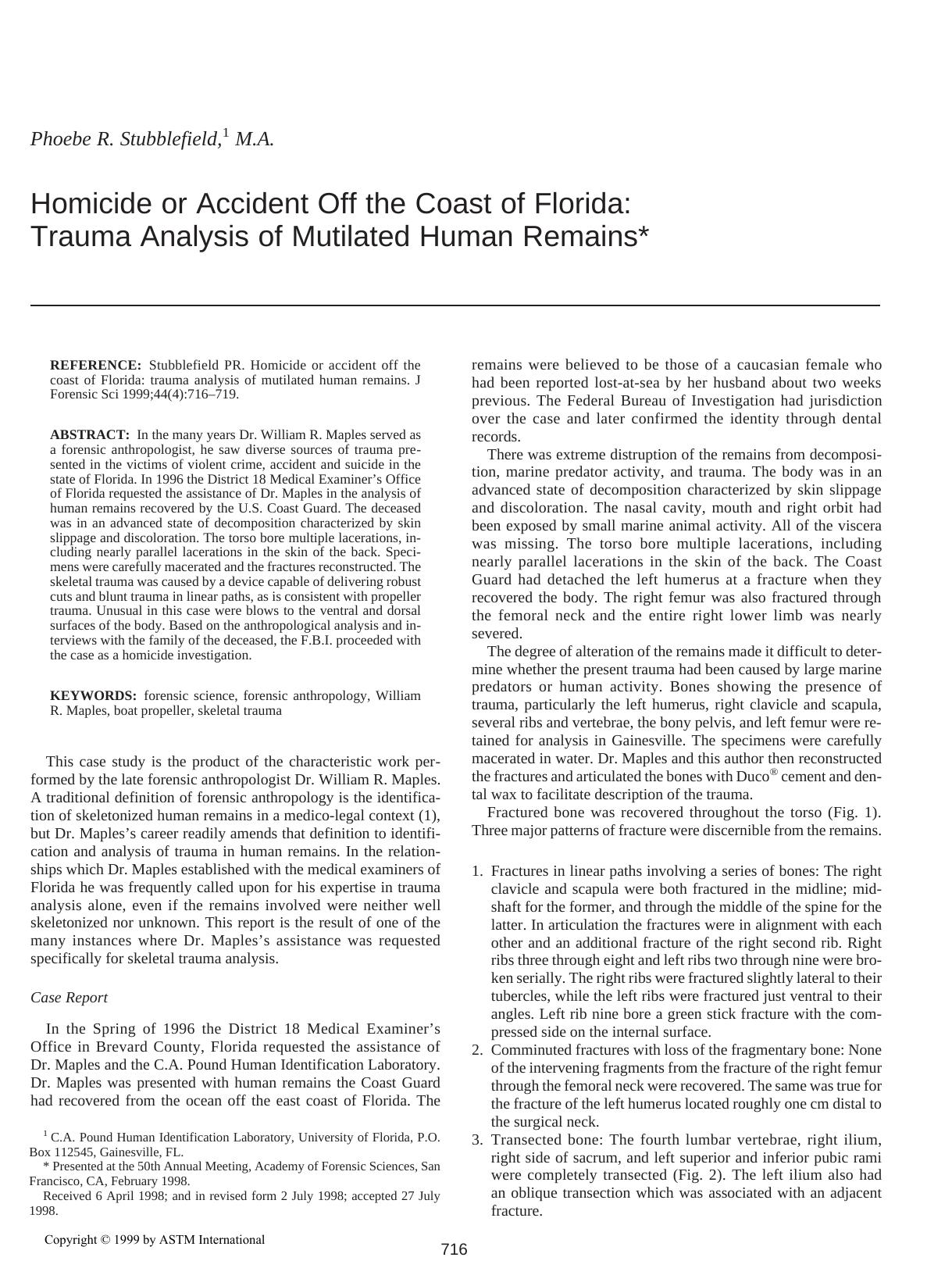 Homicide or accident off the coast of Florida: trauma analysis of mutilated human remains by Stubblefield PR