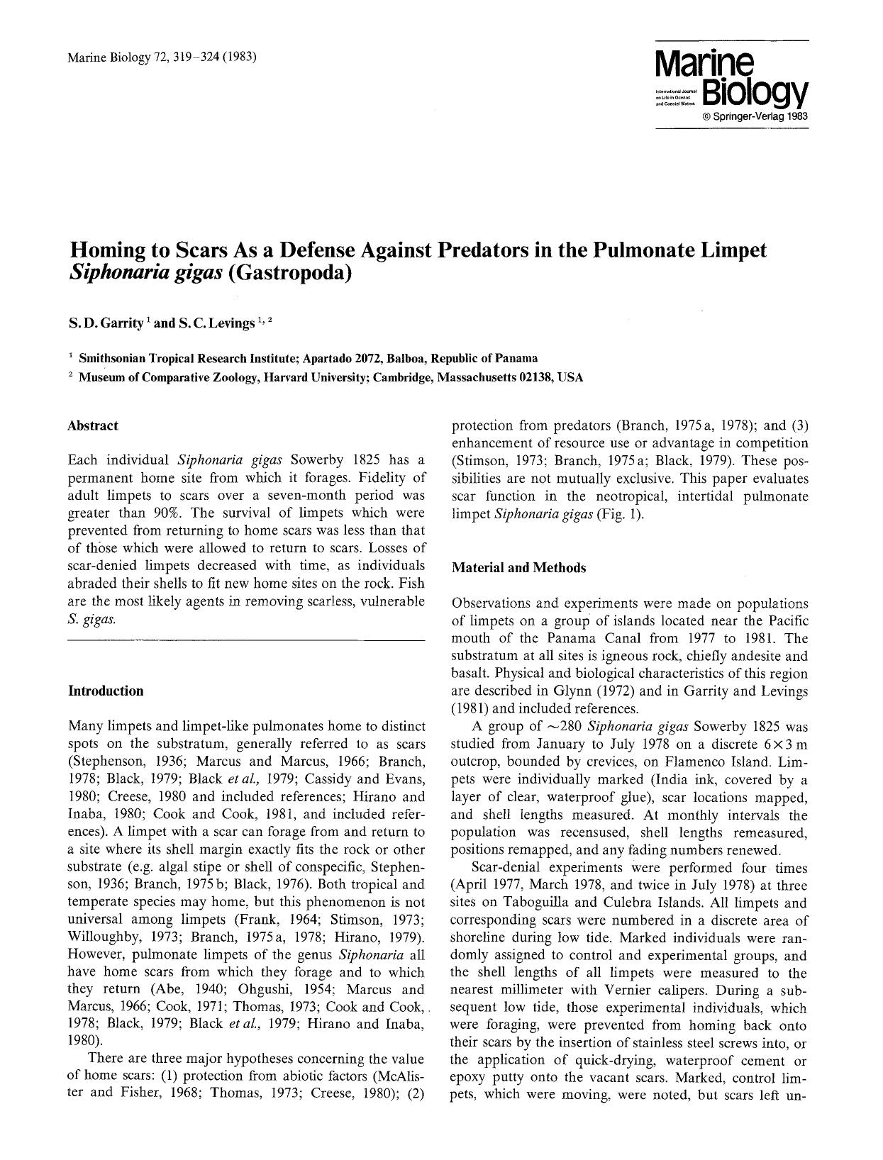 Homing to scars as a defense against predators in the pulmonate limpet <Emphasis Type="Italic">Siphonaria gigas<Emphasis> (Gastropoda) by Unknown