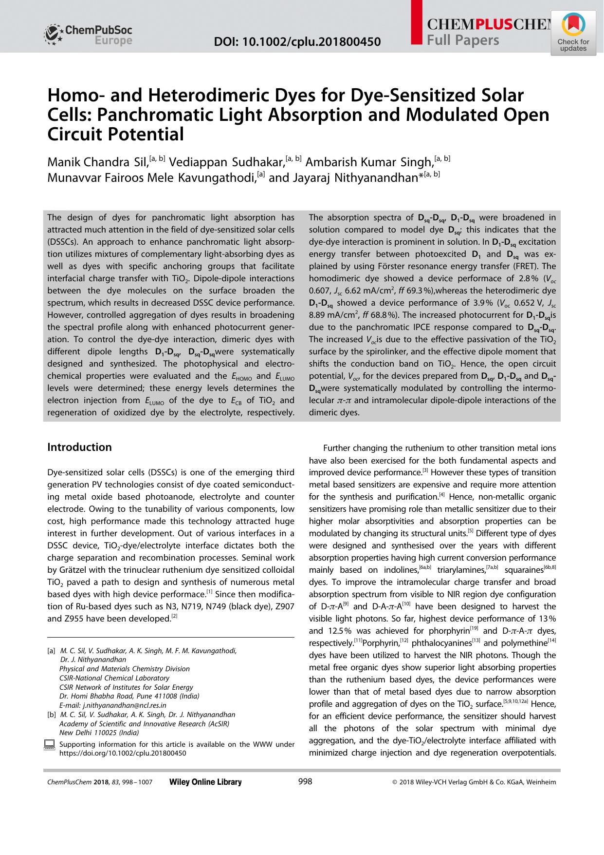 Homoâ and Heterodimeric Dyes for DyeâSensitized Solar Cells: Panchromatic Light Absorption and Modulated Open Circuit Potential by Unknown