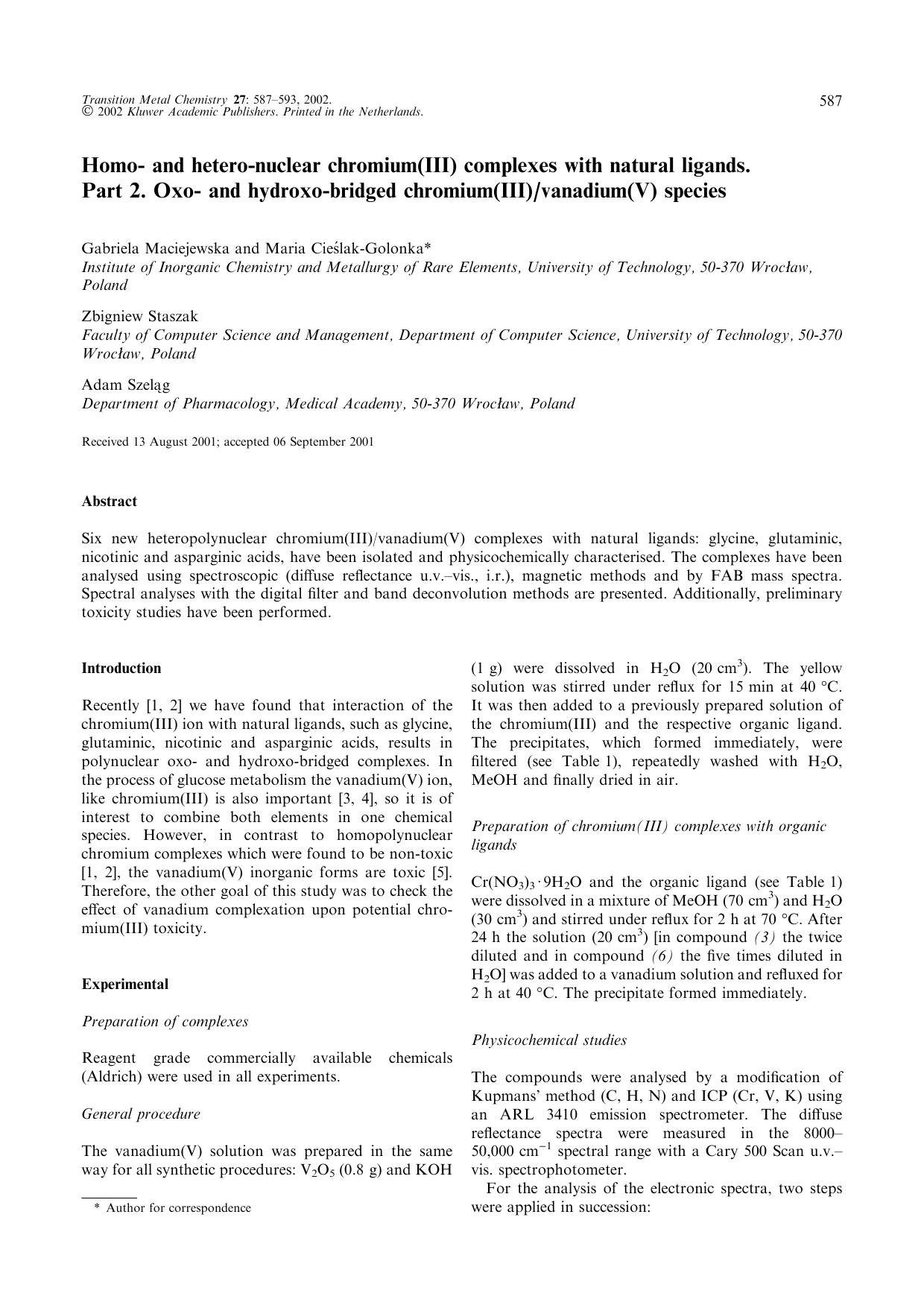 Homo- and hetero-nuclear chromium(III) complexes with natural ligands. Part 2. Oxo- and hydroxo-bridged chromium(III)vanadium(V) species by Unknown