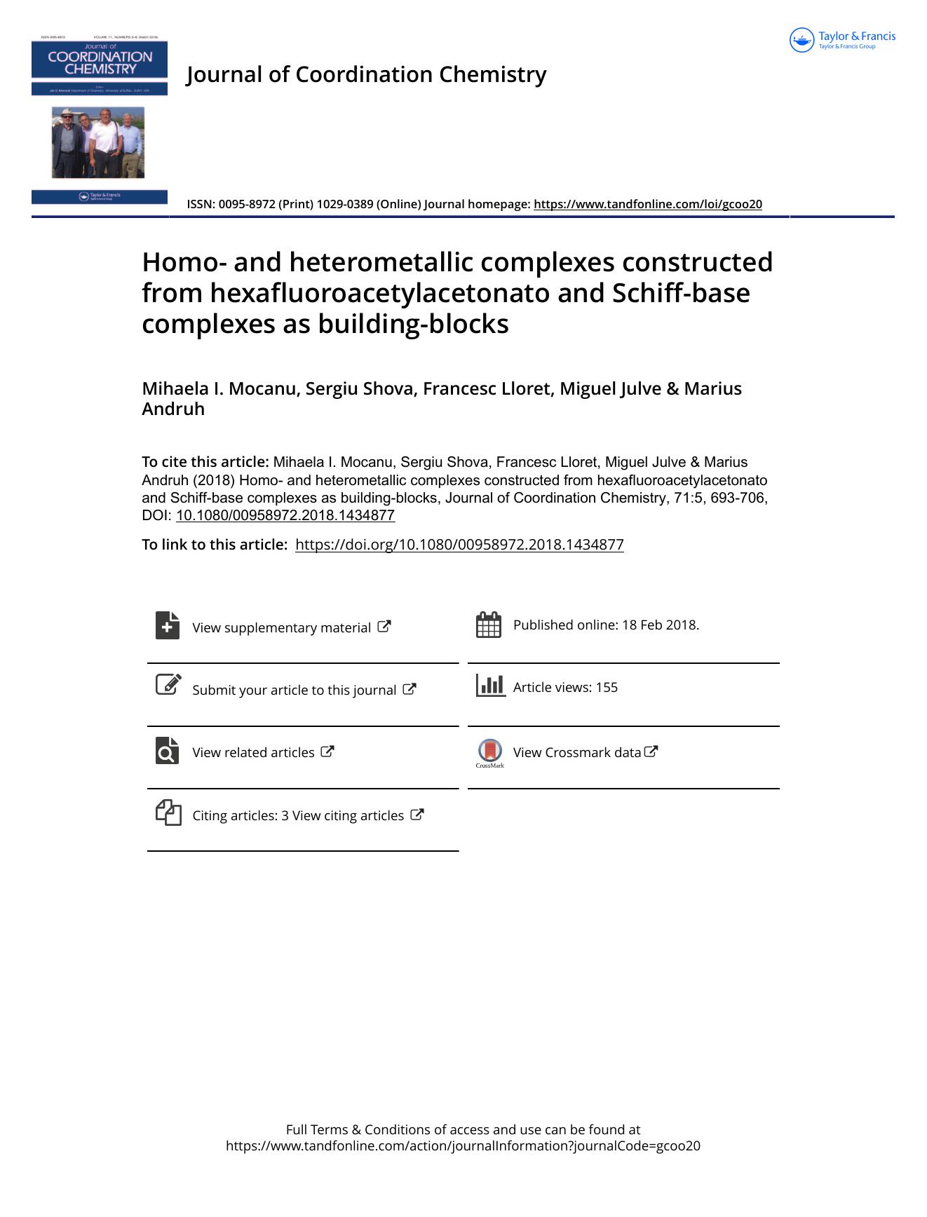 Homo- and heterometallic complexes constructed from hexafluoroacetylacetonato and Schiff-base complexes as building-blocks by Mihaela I. Mocanu & Sergiu Shova & Francesc Lloret & Miguel Julve & Marius Andruh