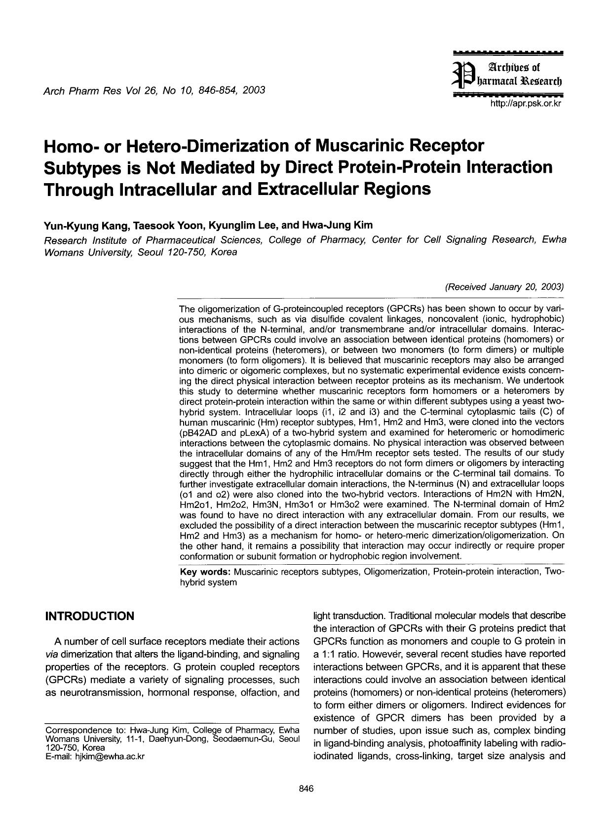 Homo- or Hetero-Dimerization of muscarinic receptor subtypes is not mediated by direct protein-protein interaction through intracellular and extracellular regions by Unknown