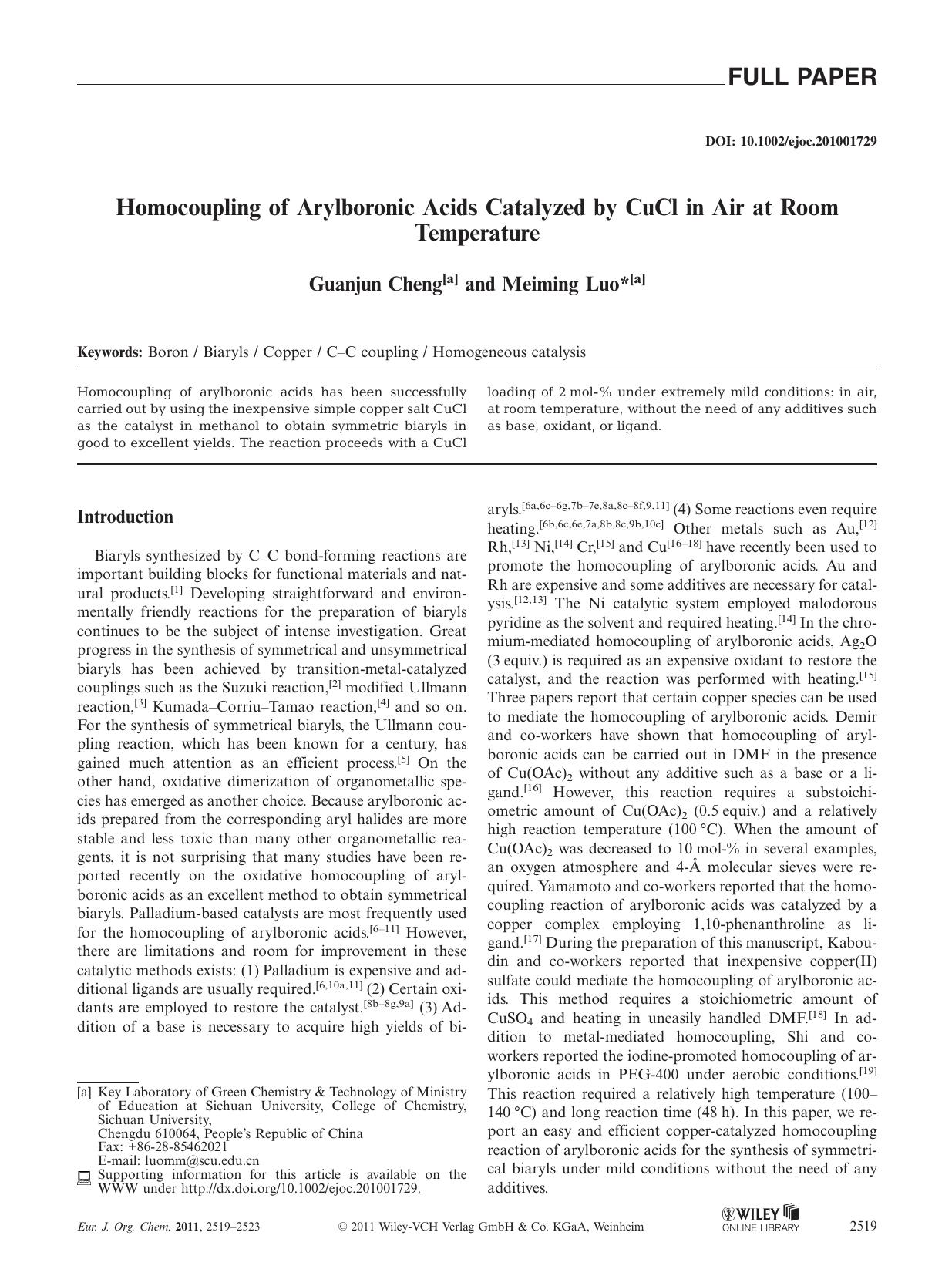 Homocoupling of Arylboronic Acids Catalyzed by CuCl in Air at Room Temperature by Unknown