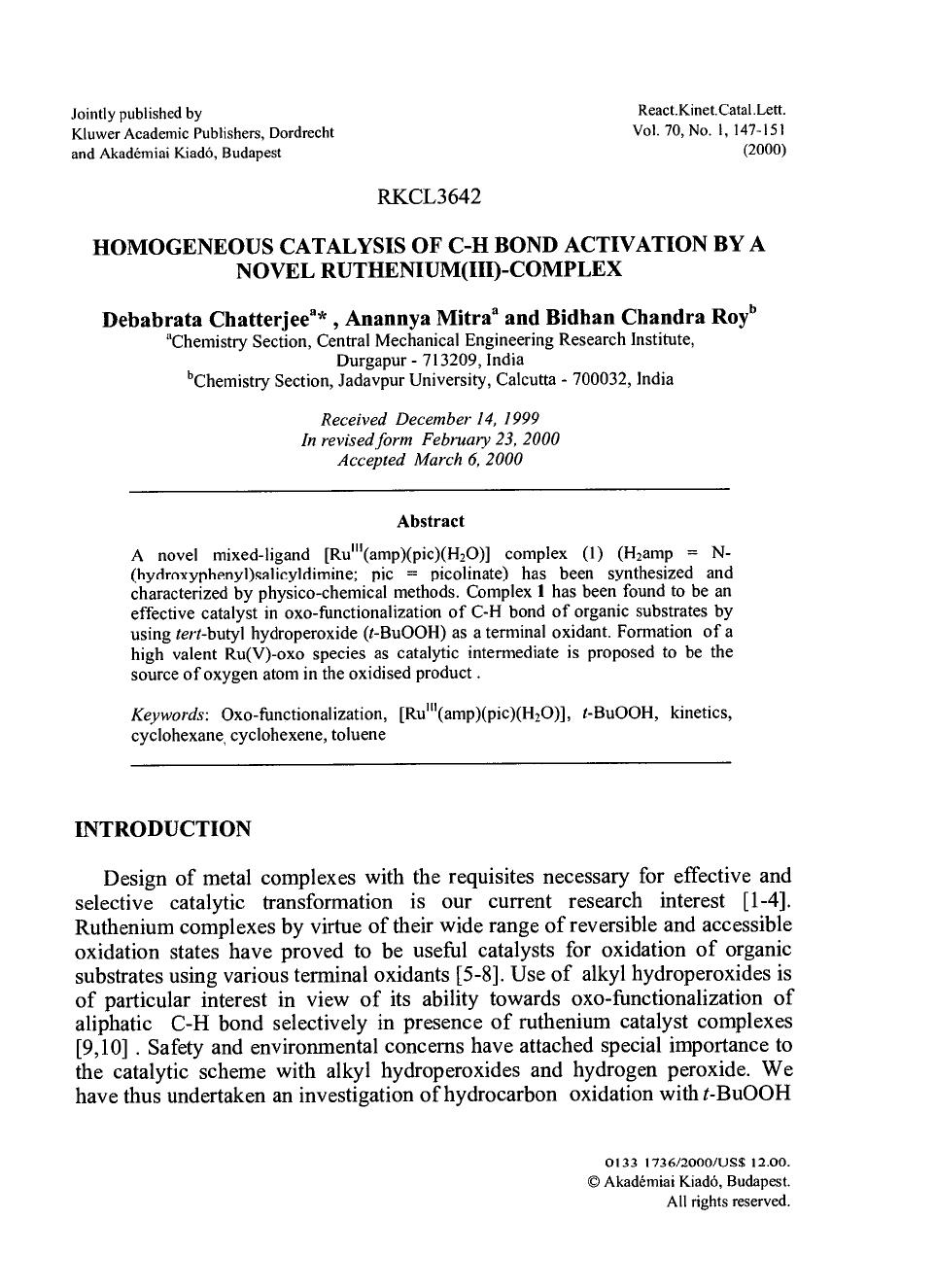 Homogeneous Catalysis of C-H Bond Activation by a Novel Ruthenium(III)-Complex by Unknown