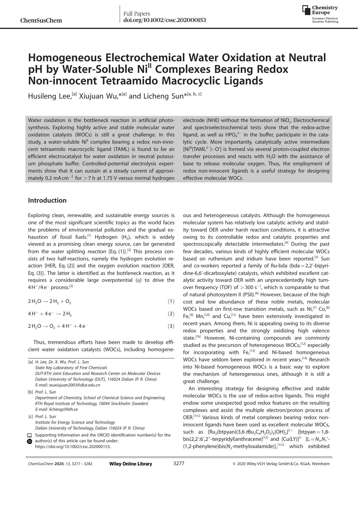 Homogeneous Electrochemical Water Oxidation at Neutral pH by WaterâSoluble NiII Complexes Bearing Redox Nonâinnocent Tetraamido Macrocyclic Ligands by Unknown
