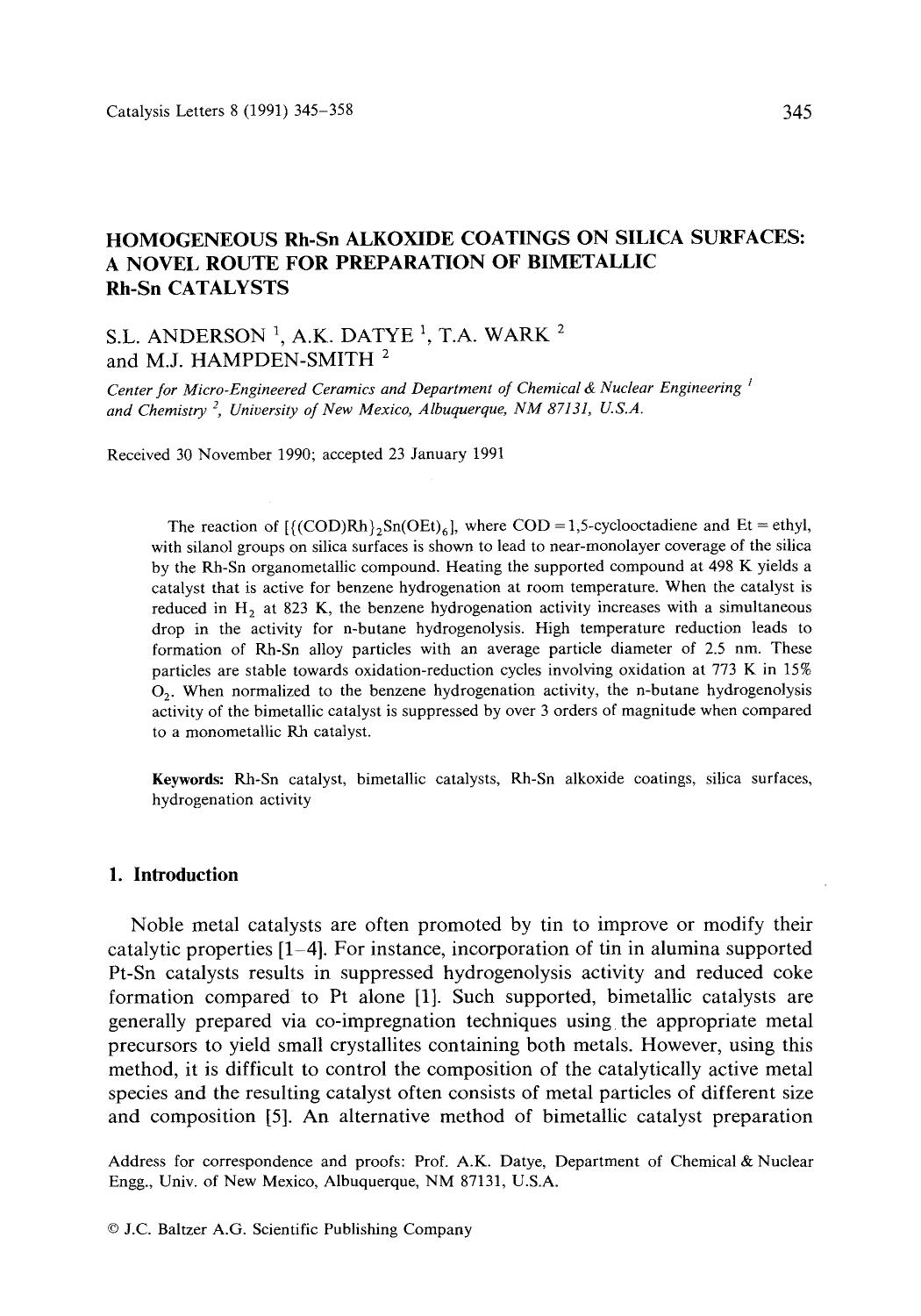 Homogeneous Rh-Sn alkoxide coatings on silica surfaces: A novel route for preparation of bimetallic Rh-Sn catalysts by Unknown