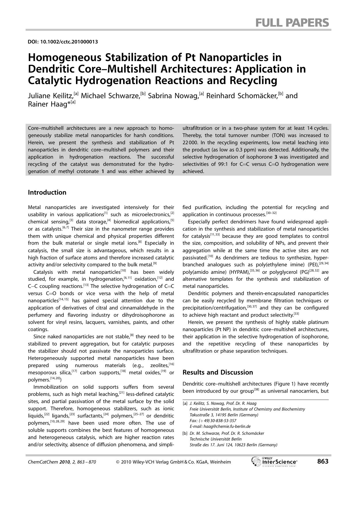Homogeneous Stabilization of Pt Nanoparticles in Dendritic Core?Multishell Architectures: Application in Catalytic Hydrogenation Reactions and Recycling by Unknown