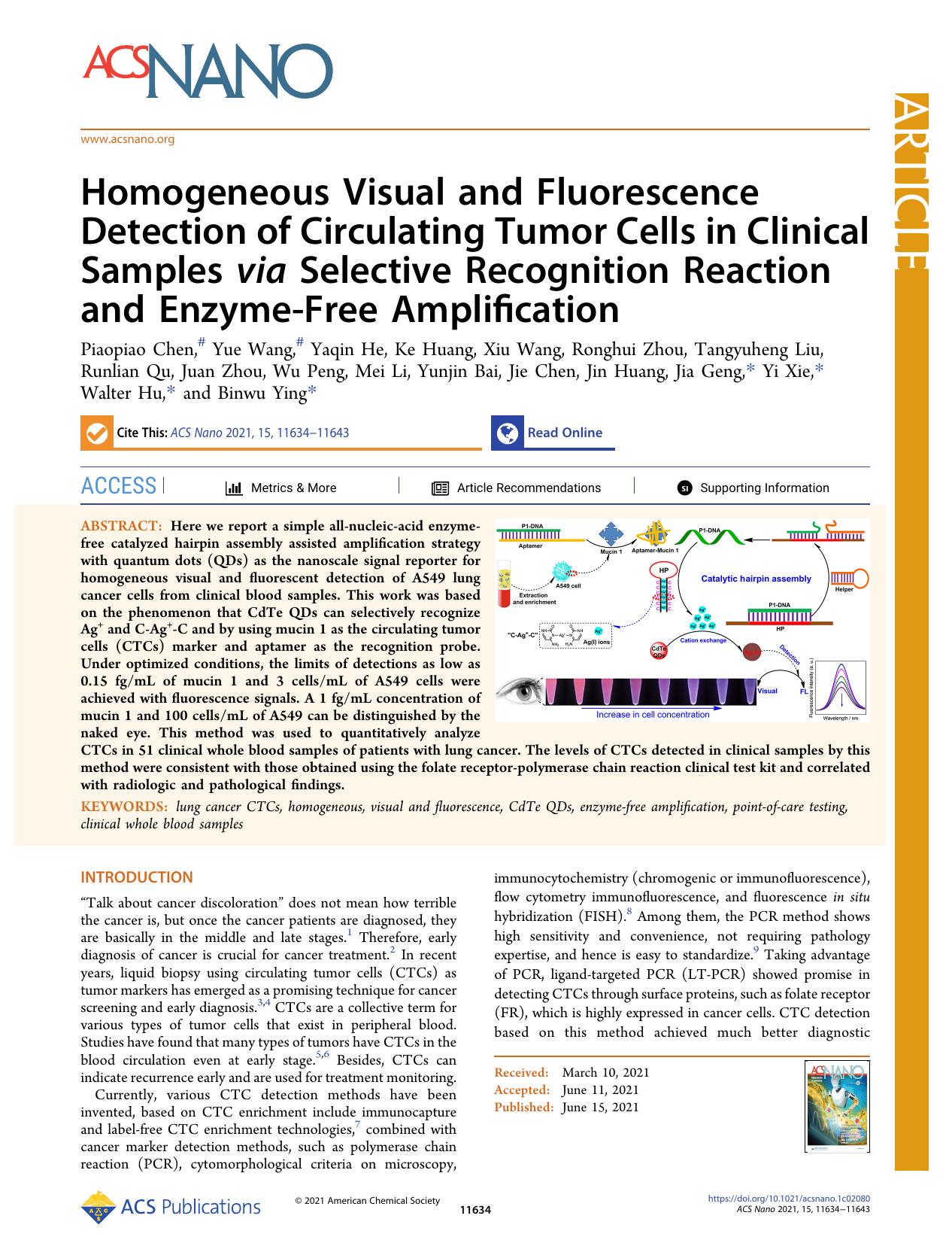 Homogeneous Visual and Fluorescence Detection of Circulating Tumor Cells in Clinical Samples via Selective Recognition Reaction and Enzyme-Free Amplification by unknow