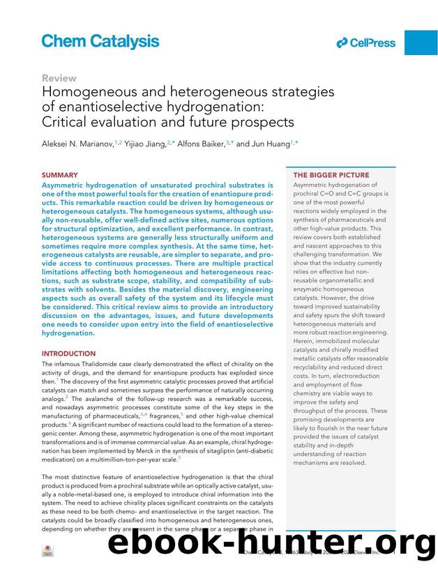 Homogeneous and heterogeneous strategies of enantioselective hydrogenation: Critical evaluation and future prospects by Aleksei N. Marianov & Yijiao Jiang & Alfons Baiker & Jun Huang