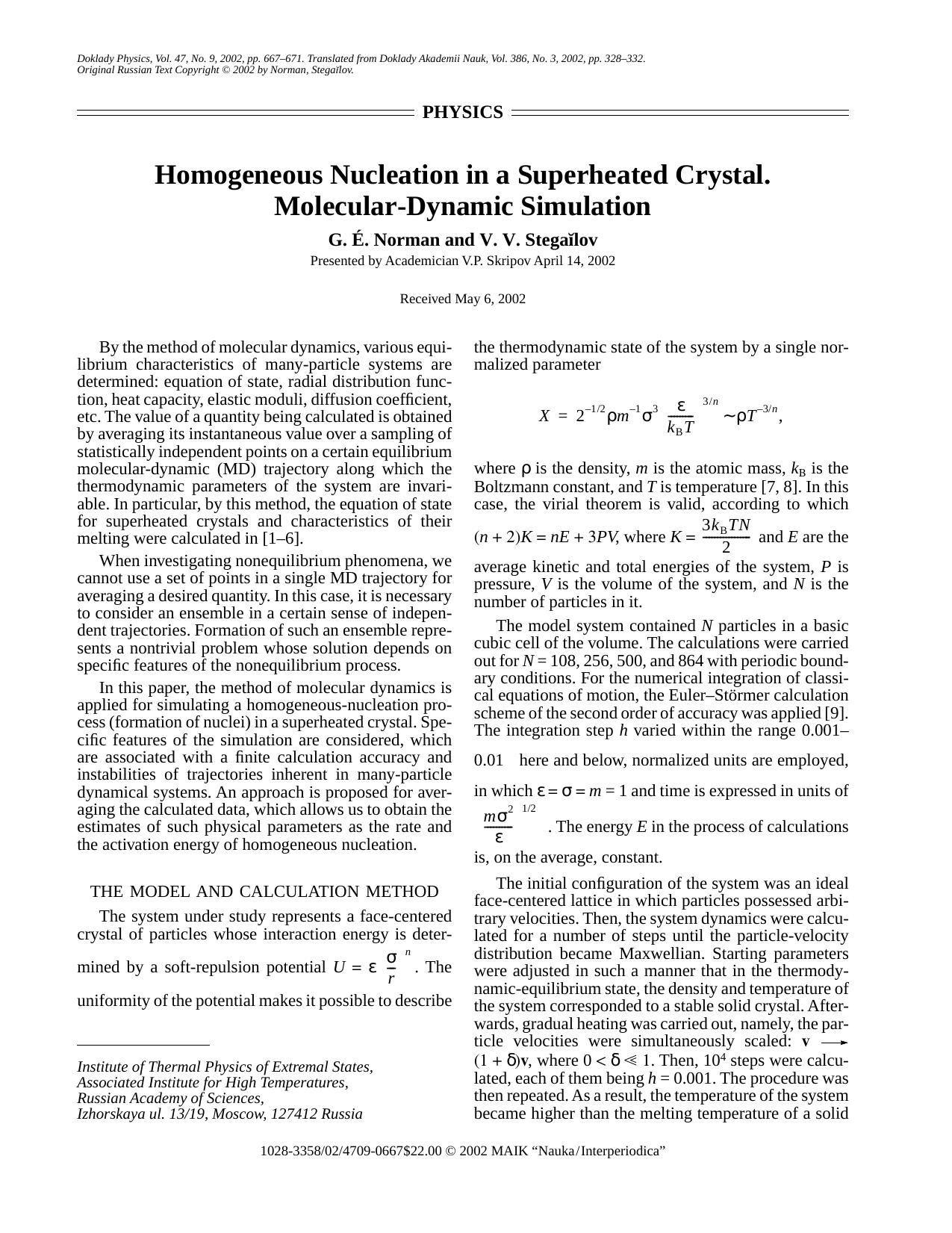 Homogeneous nucleation in a superheated crystal. Molecular-dynamic simulation by Unknown