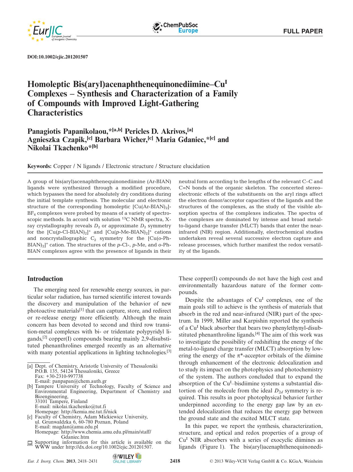 Homoleptic Bis(aryl)acenaphthenequinonediimineCuI Complexes Synthesis and Characterization of a Family of Compounds with Improved LightGathering Characteristics by Unknown