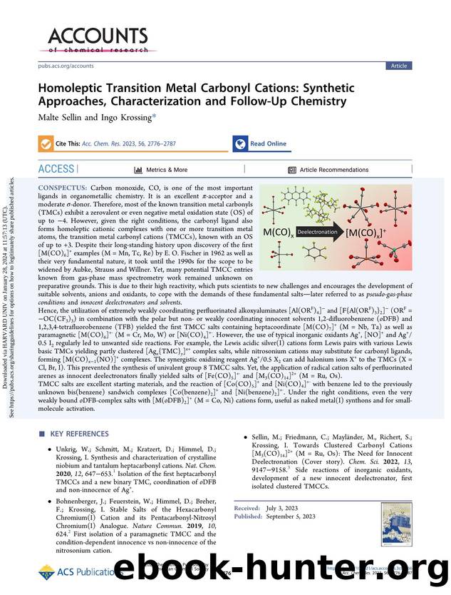 Homoleptic Transition Metal Carbonyl Cations: Synthetic Approaches, Characterization and Follow-Up Chemistry by Malte Sellin & Ingo Krossing