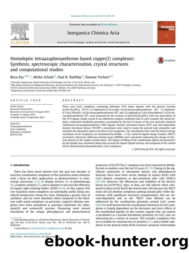 Homoleptic tetraazaphenanthrene-based copper(I) complexes: Synthesis, spectroscopic characterization, crystal structures and computational studies by Reza Kia & Mirko Scholz & Paul R. Raithby & Simone Techert