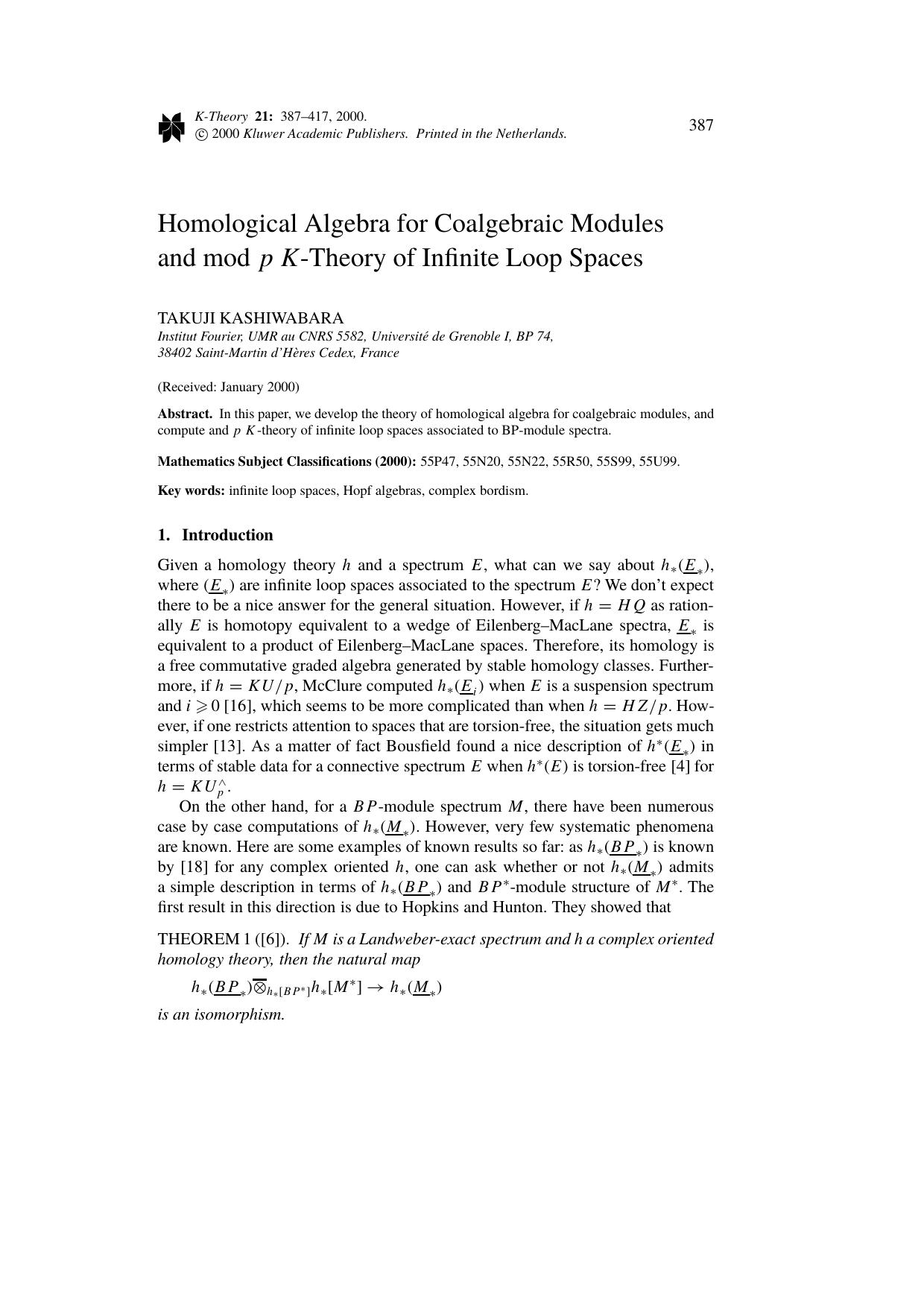 Homological Algebra for Coalgebraic Modules and Mod p K-Theory of Infinite Loop Spaces by Unknown