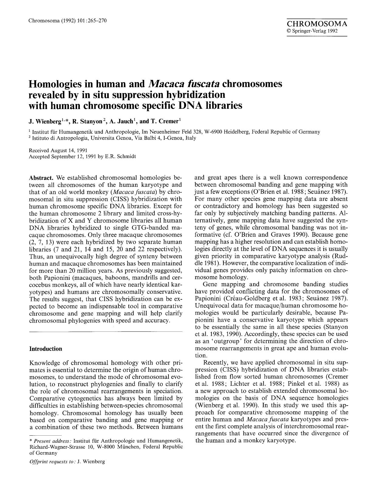 Homologies in human and <Emphasis Type="Italic">Macasa fuscata<Emphasis> chromosomes revealed by in situ suppression hybridization with human chromosome specific DNA libraries by Unknown