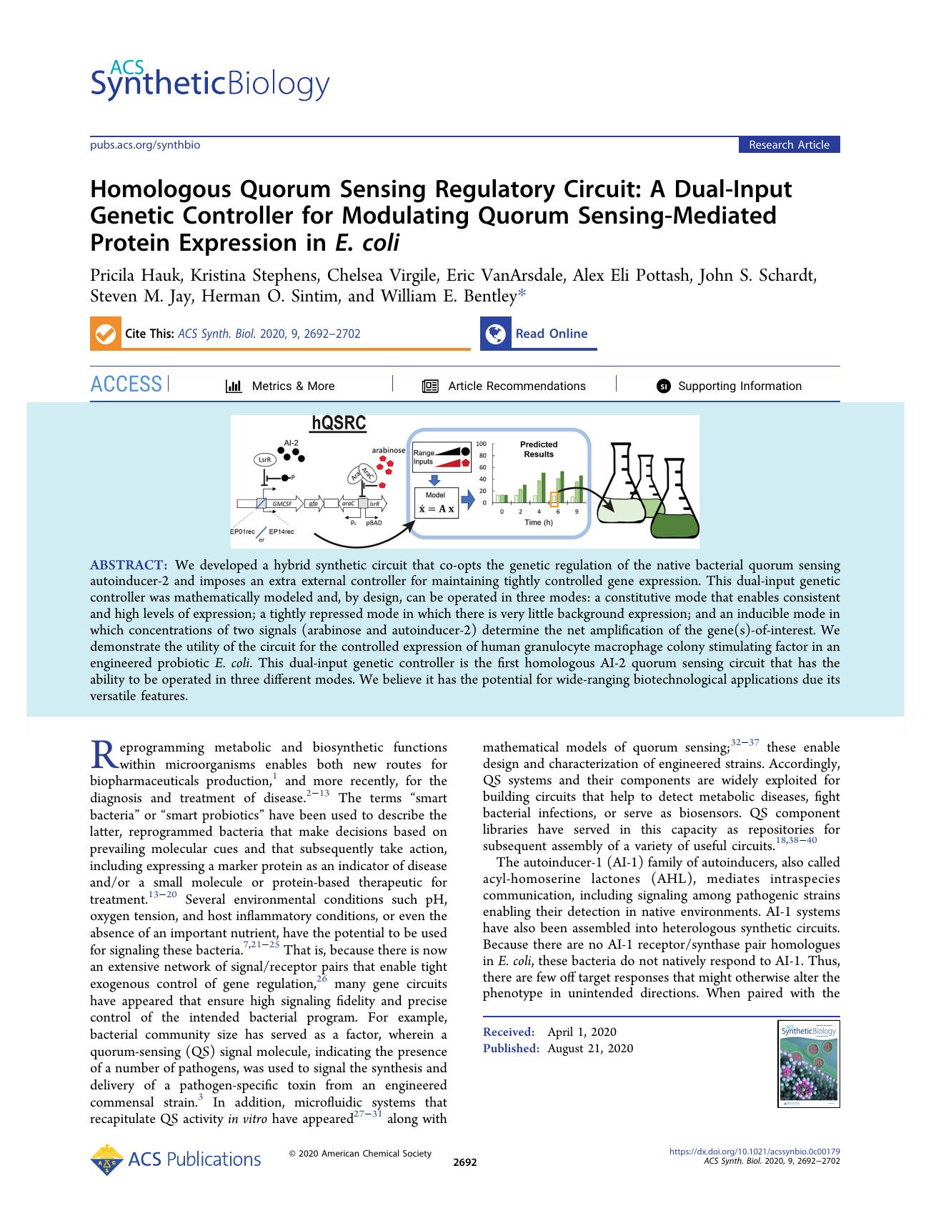Homologous Quorum Sensing Regulatory Circuit: A Dual-Input Genetic Controller for Modulating Quorum Sensing-Mediated Protein Expression in E. coli by unknow