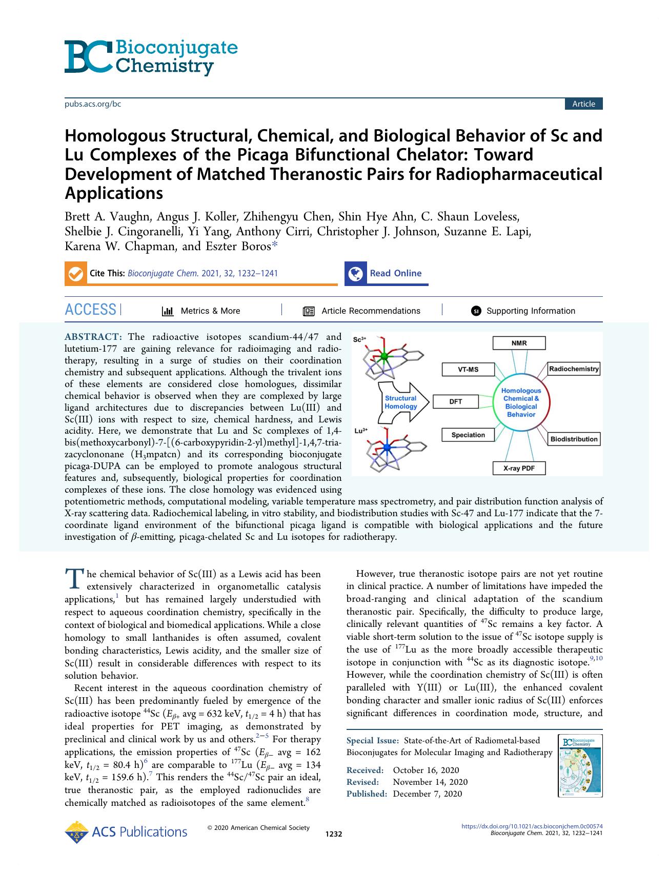 Homologous Structural, Chemical, and Biological Behavior of Sc and Lu Complexes of the Picaga Bifunctional Chelator: Toward Development of Matched Theranostic Pairs for Radiopharma by unknow
