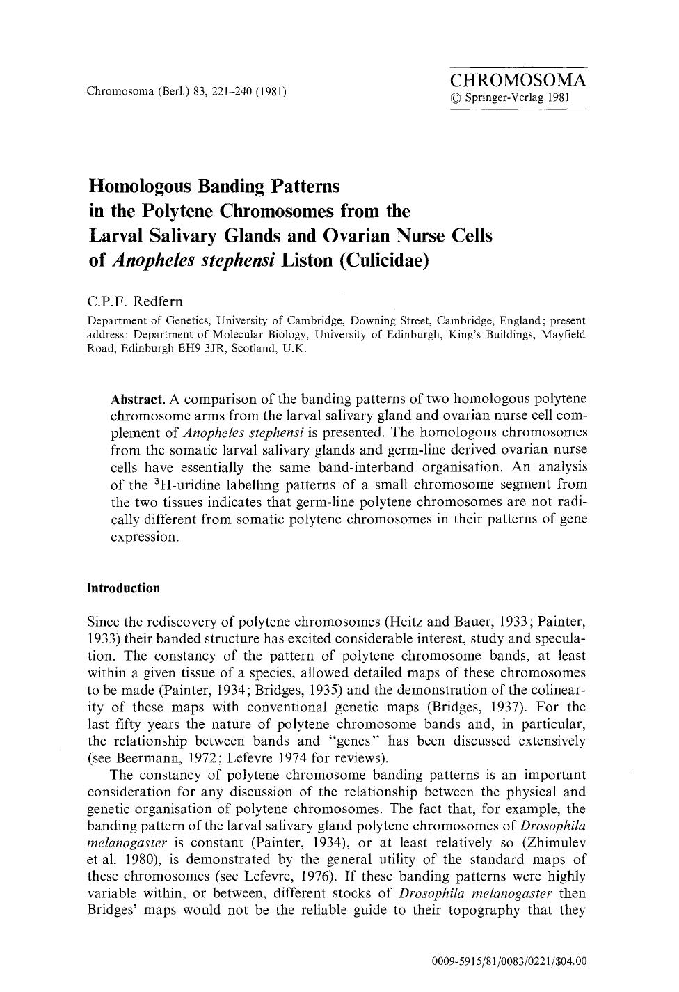 Homologous banding patterns in the polytene chromosomes from the larval salivary glands and ovarian nurse cells of <Emphasis Type="Italic">Anopheles stephensi<Emphasis> liston (Culicidae) by Unknown