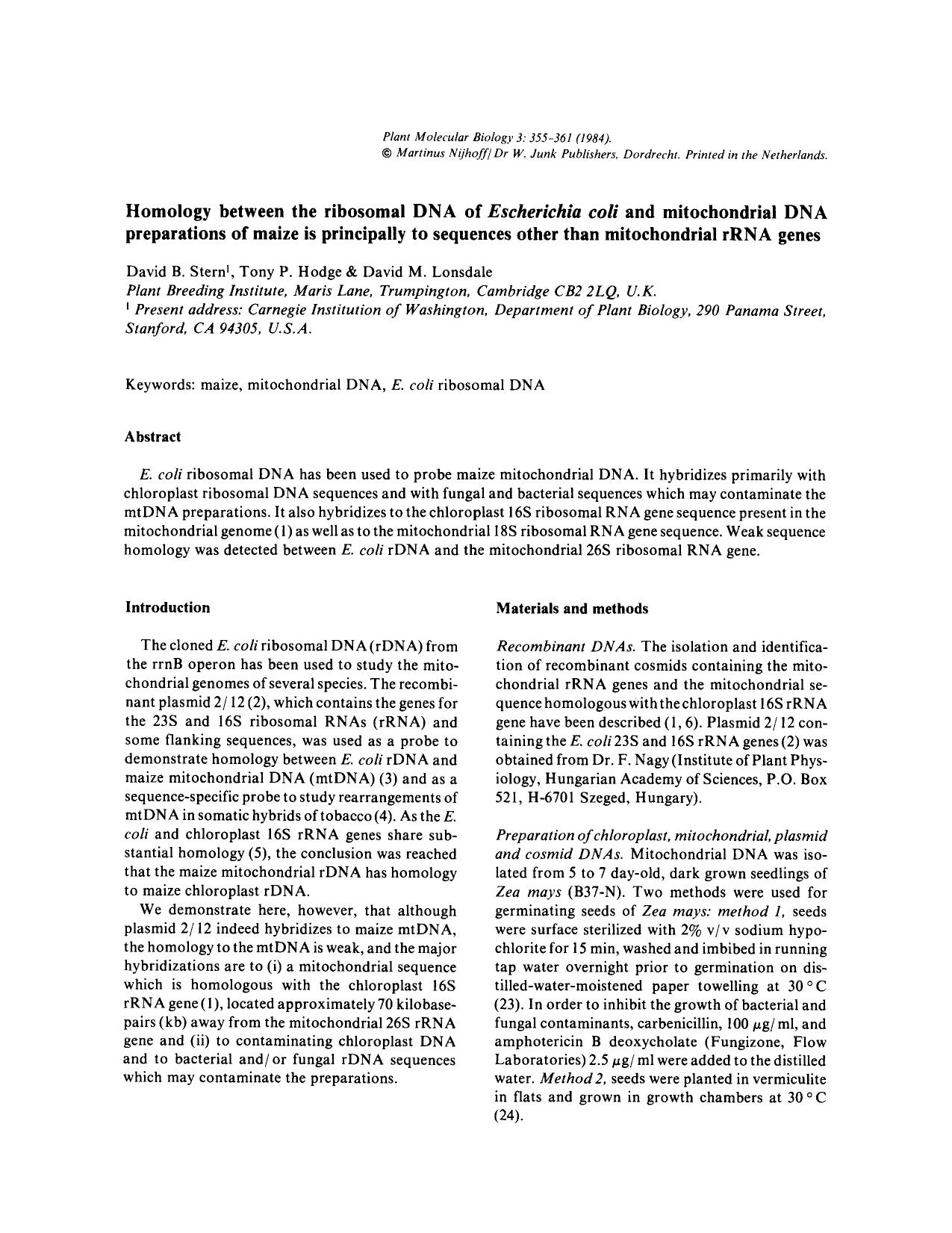 Homology between the ribosomal DNA of <Emphasis Type="Italic">Escherichia coli<Emphasis> and mitochondrial DNA preparations of maize is principally to sequences other than mitochondrial rRNA genes by Unknown