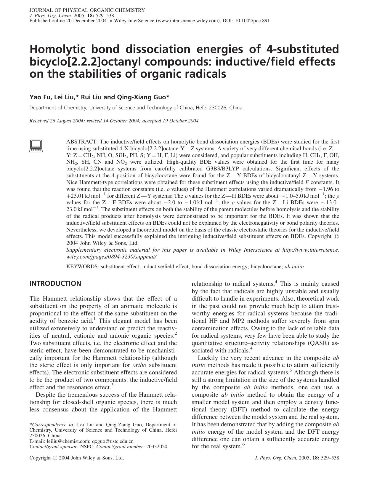 Homolytic bond dissociation energies of 4-substituted bicyclo[2.2.2]octanyl compounds: inductivefield effects on the stabilities of organic radicals by Unknown