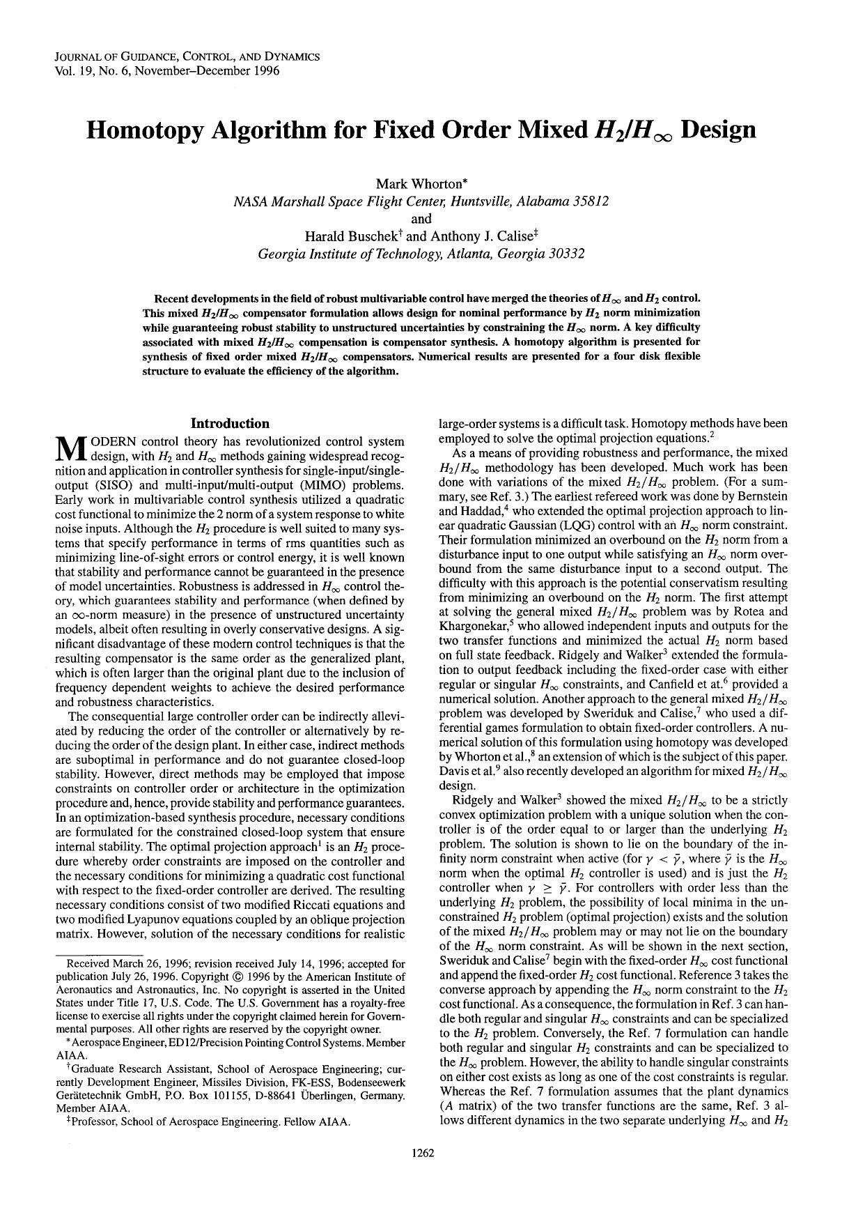 Homotopy algorithm for fixed order mixed H2 H-infinity design by Unknown