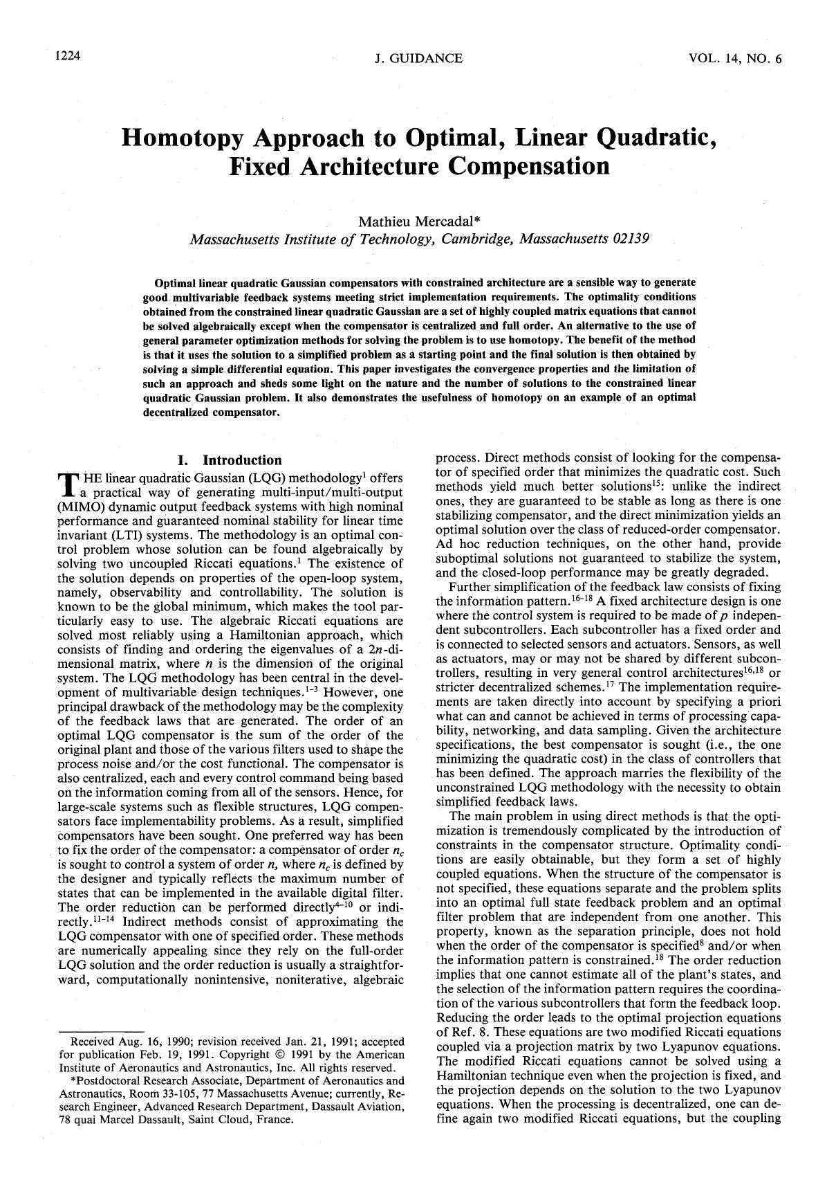 Homotopy approach to optimal, linear quadratic, fixed architecture compensation by Unknown