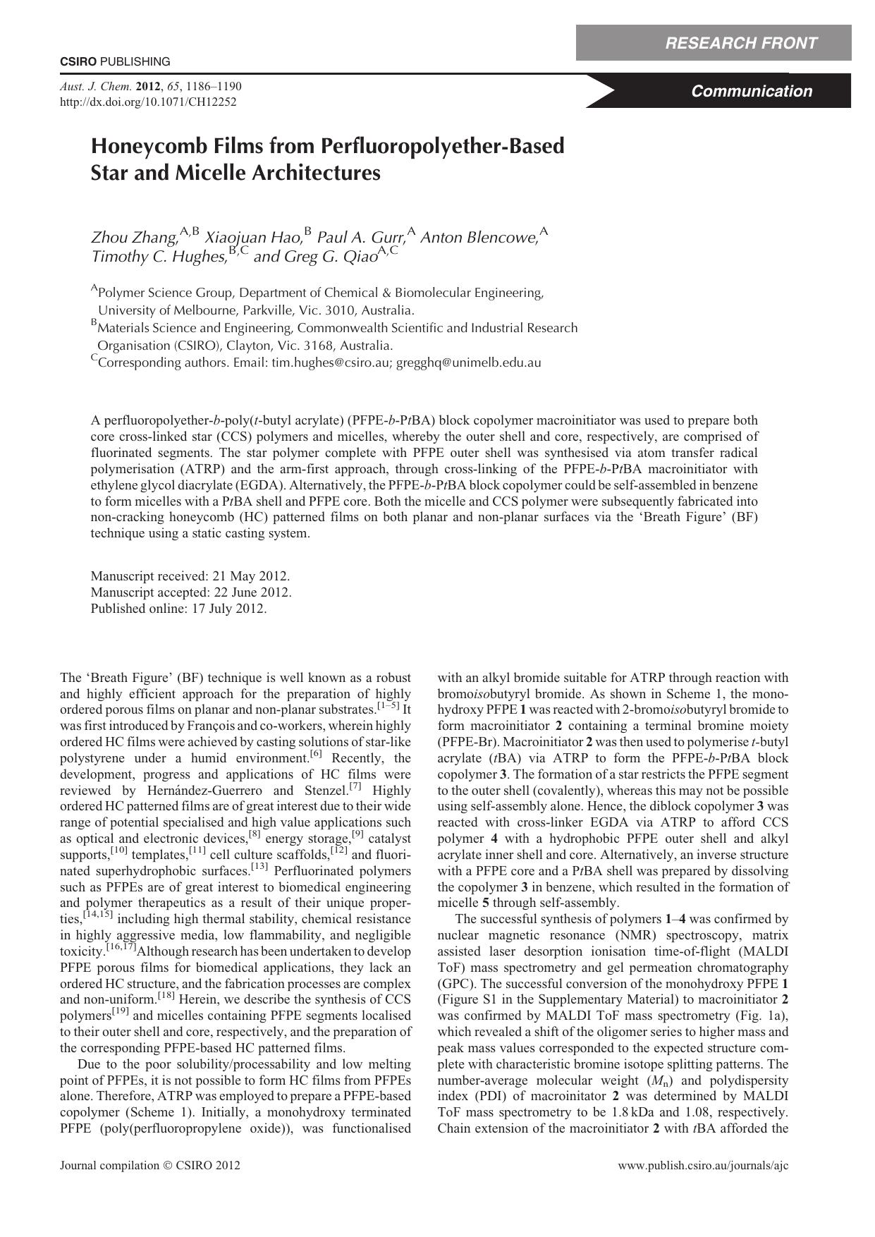 Honeycomb Films from Perfluoropolyether-Based Star and Micelle Architectures by Z. Zhang et al