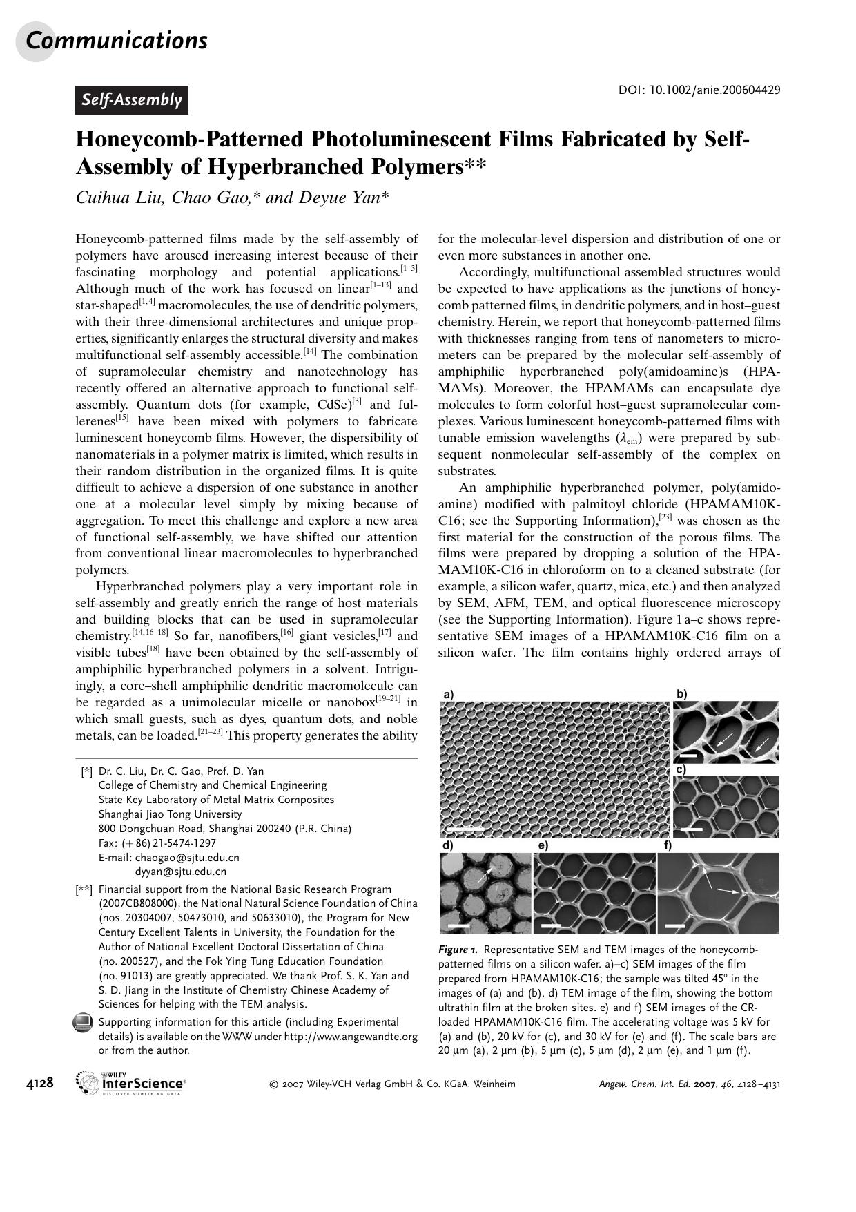 Honeycomb-Patterned Photoluminescent Films Fabricated by Self-Assembly of Hyperbranched Polymers by Unknown