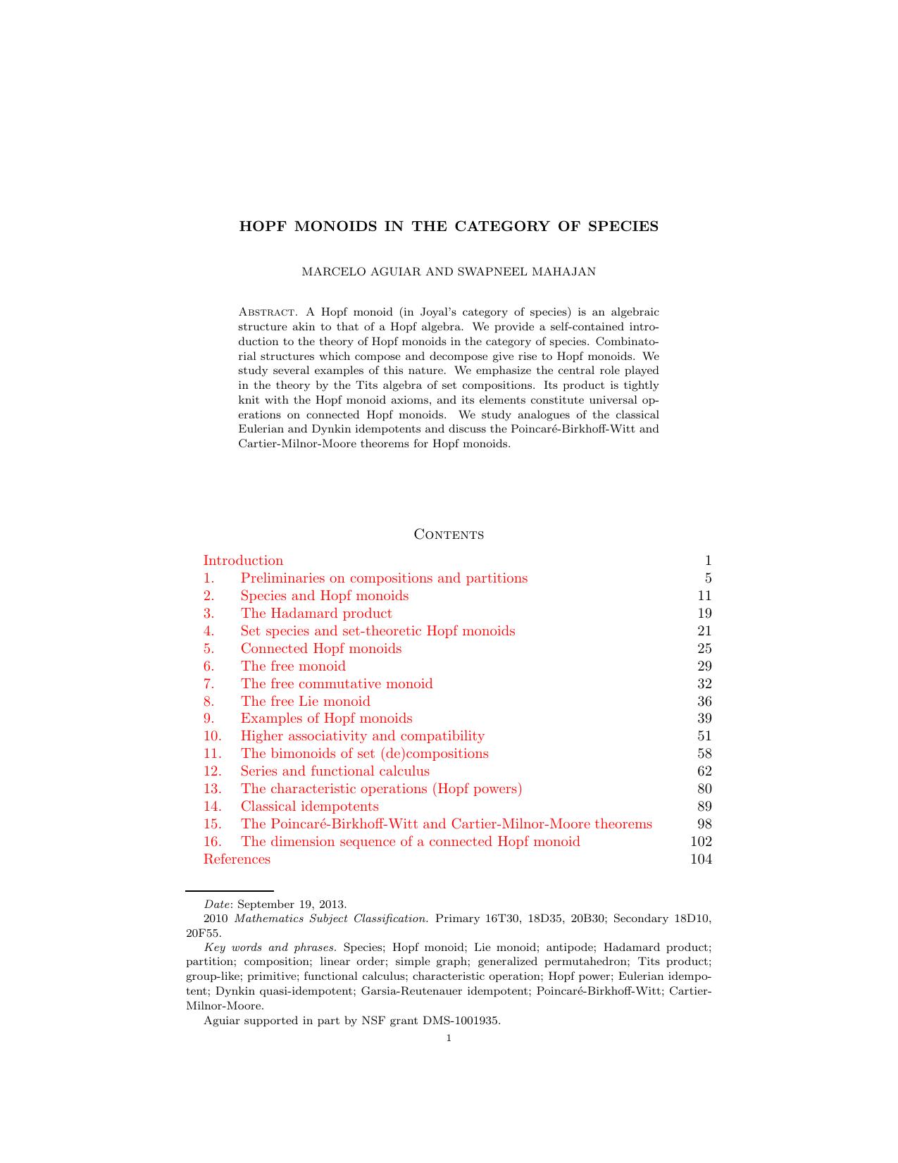 Hopf monoids in the category of species [draft] by Marcelo Aguiar Swapneel Mahajan