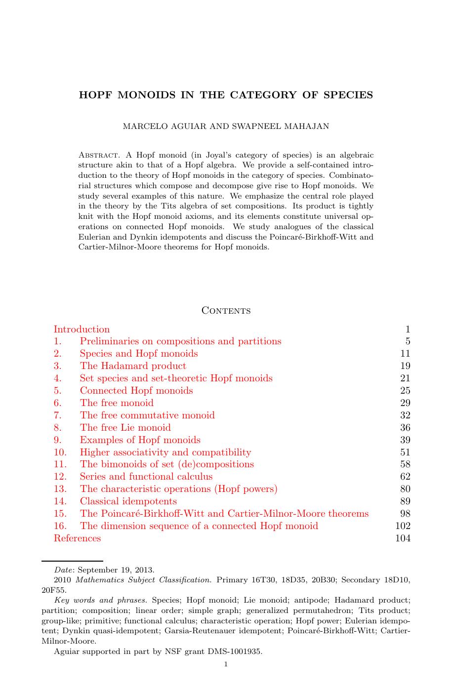 Hopf monoids in the category of species by Aguiar M. Mahajan S