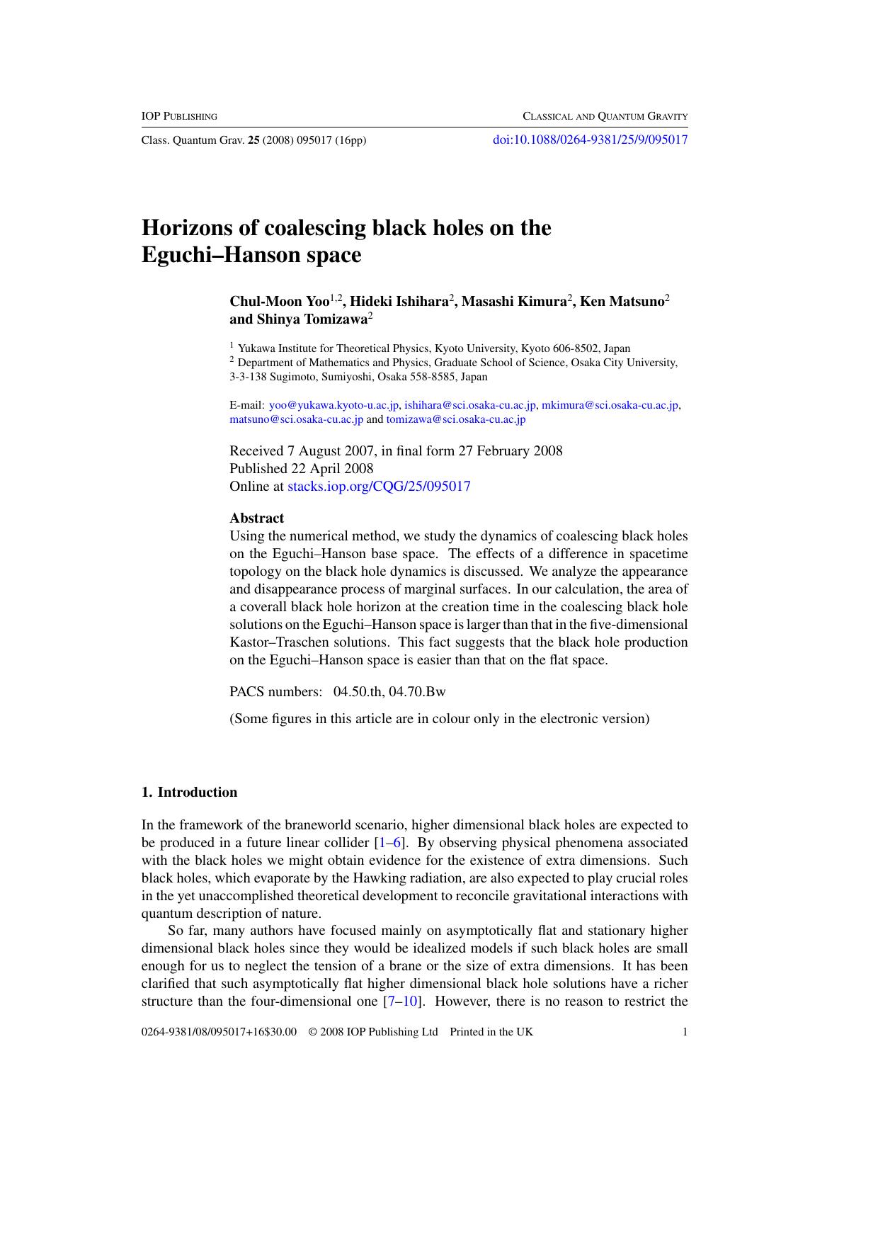 Horizons of coalescing black holes on the Eguchi--Hanson space by C-M Yoo et al