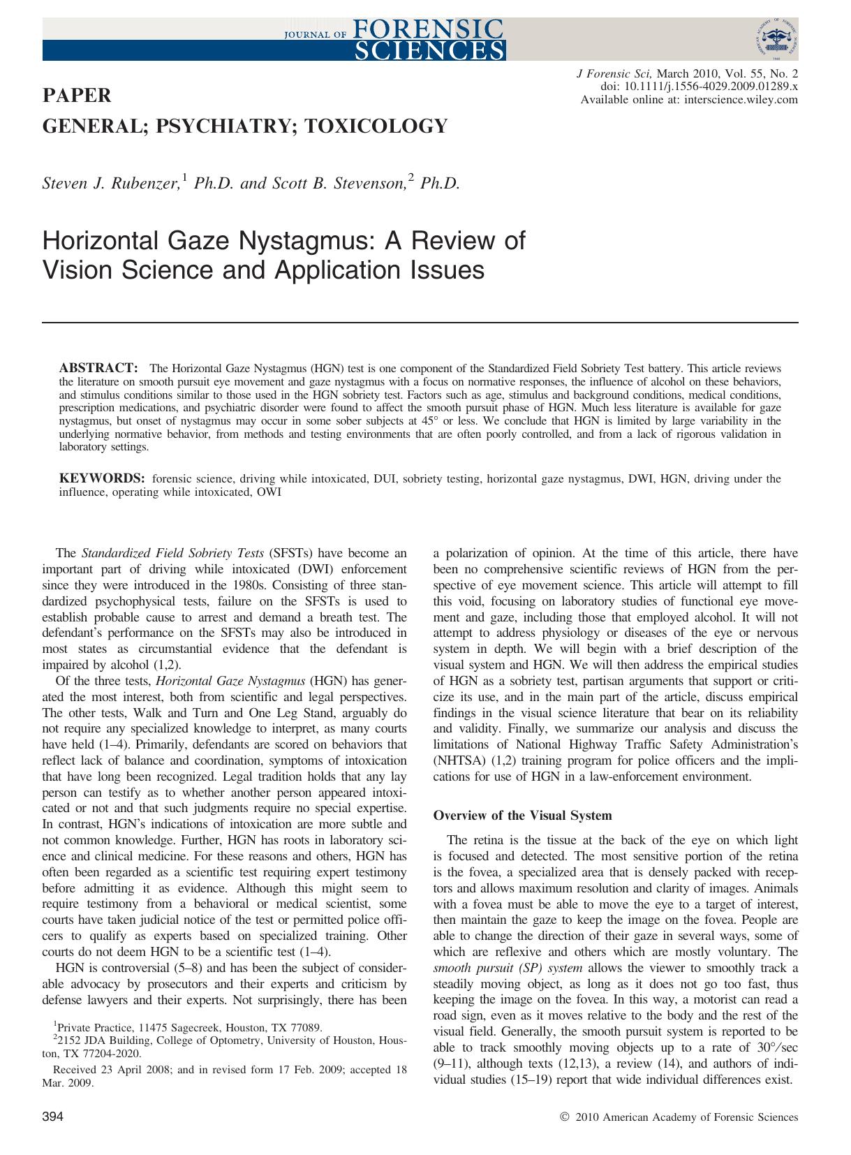 Horizontal Gaze Nystagmus: A Review of Vision Science and Application Issues by Unknown