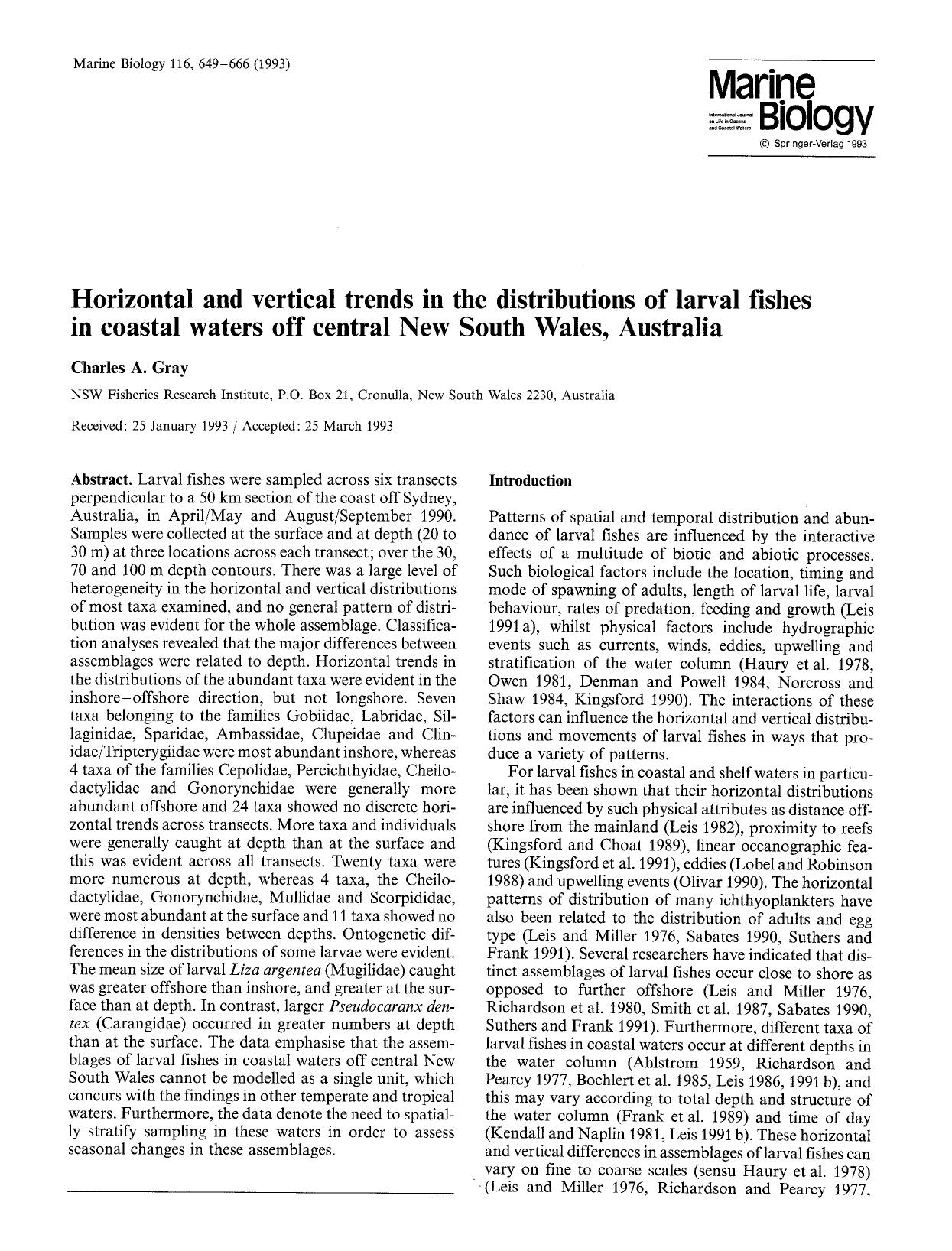 Horizontal and vertical trends in the distributions of larval fishes in coastal waters off central New South Wales, Australia by Unknown