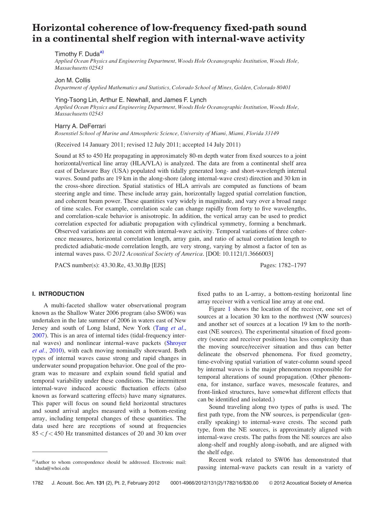 Horizontal coherence of low-frequency fixed-path sound in a continental shelf region with internal-wave activity by unknow