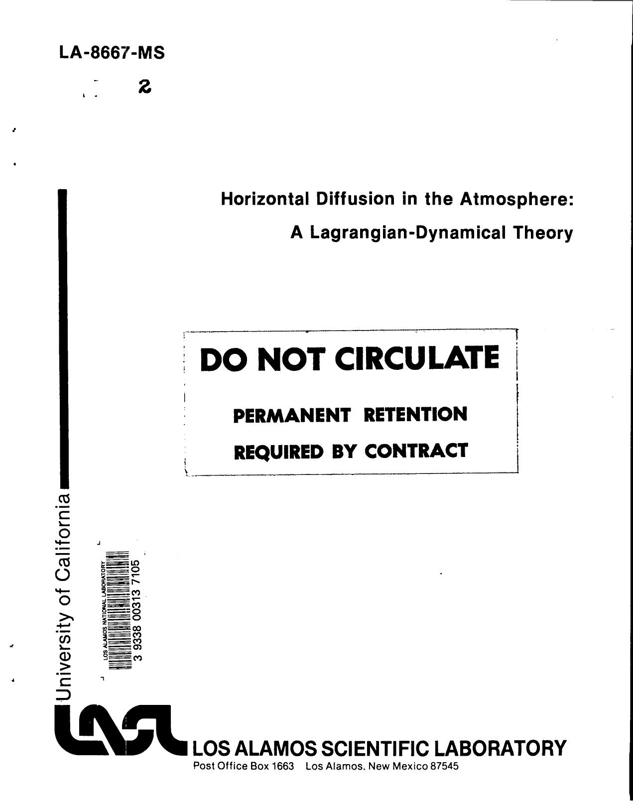 Horizontal diffusion in the atmosphere : a lagrangian-dynamical theory None by LANL Research Library LWW Project