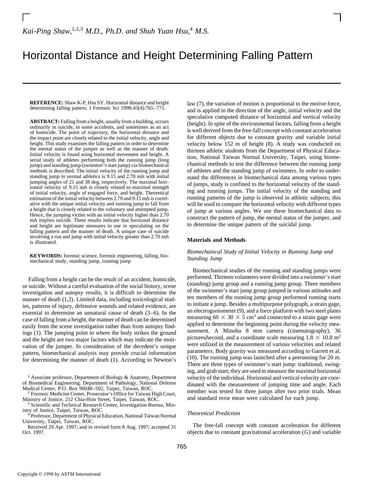 Horizontal distance and height determining falling pattern by Shaw K-P Hsu SY