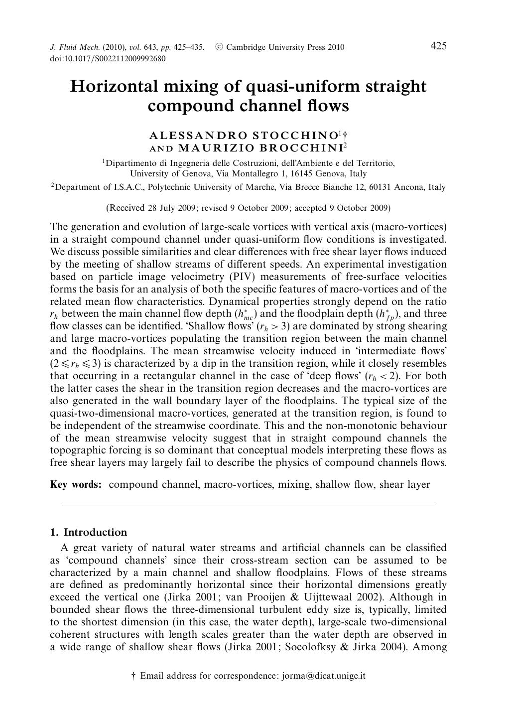 Horizontal mixing of quasi-uniform straight compound channel flows by ALESSANDRO STOCCHINO MAURIZIO BROCCHINI