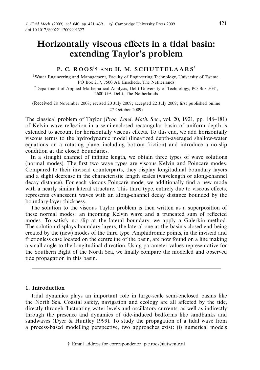 Horizontally viscous effects in a tidal basin: extending Taylor's problem by P. C. ROOS H. M. SCHUTTELAARS