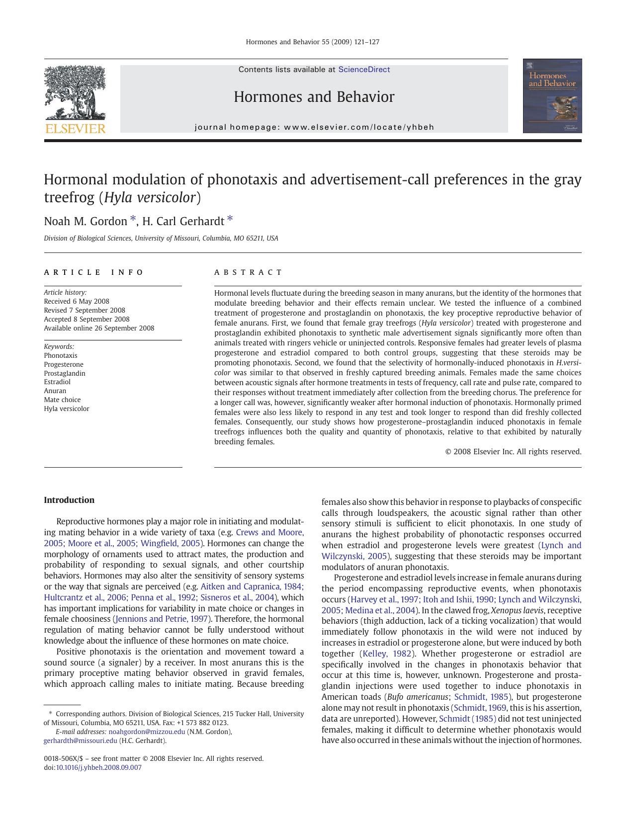 Hormonal modulation of phonotaxis and advertisement-call preferences in the gray treefrog (Hyla versicolor) by Noah M. Gordon; H. Carl Gerhardt