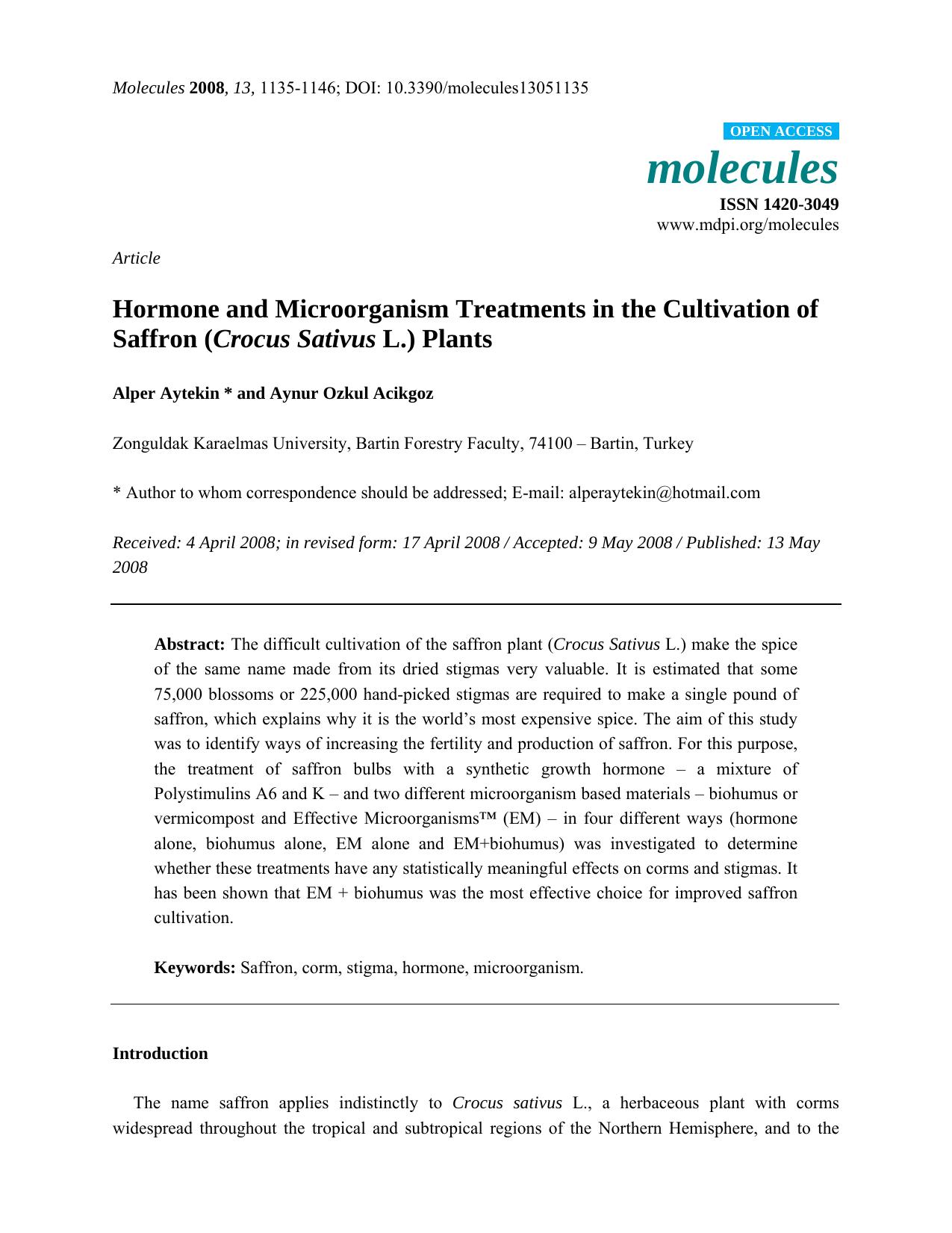 Hormone and Microorganism Treatments in the Cultivation of Saffron (Crocus Sativus L.) Plants by Alper Aytekin * and Aynur Ozkul Acikgoz